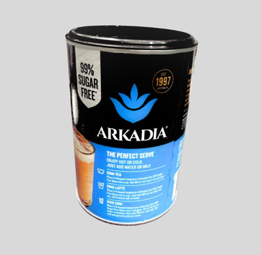 Arkadia product container with black and blue design on a gray background